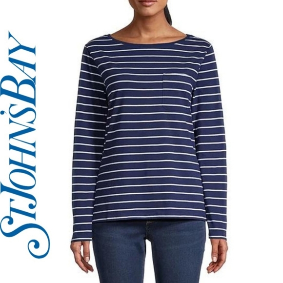 NWT St. John's Bay Women's Boat Neck Long Sleeve T-Shirt Navy Stripe - Picture 2 of 6